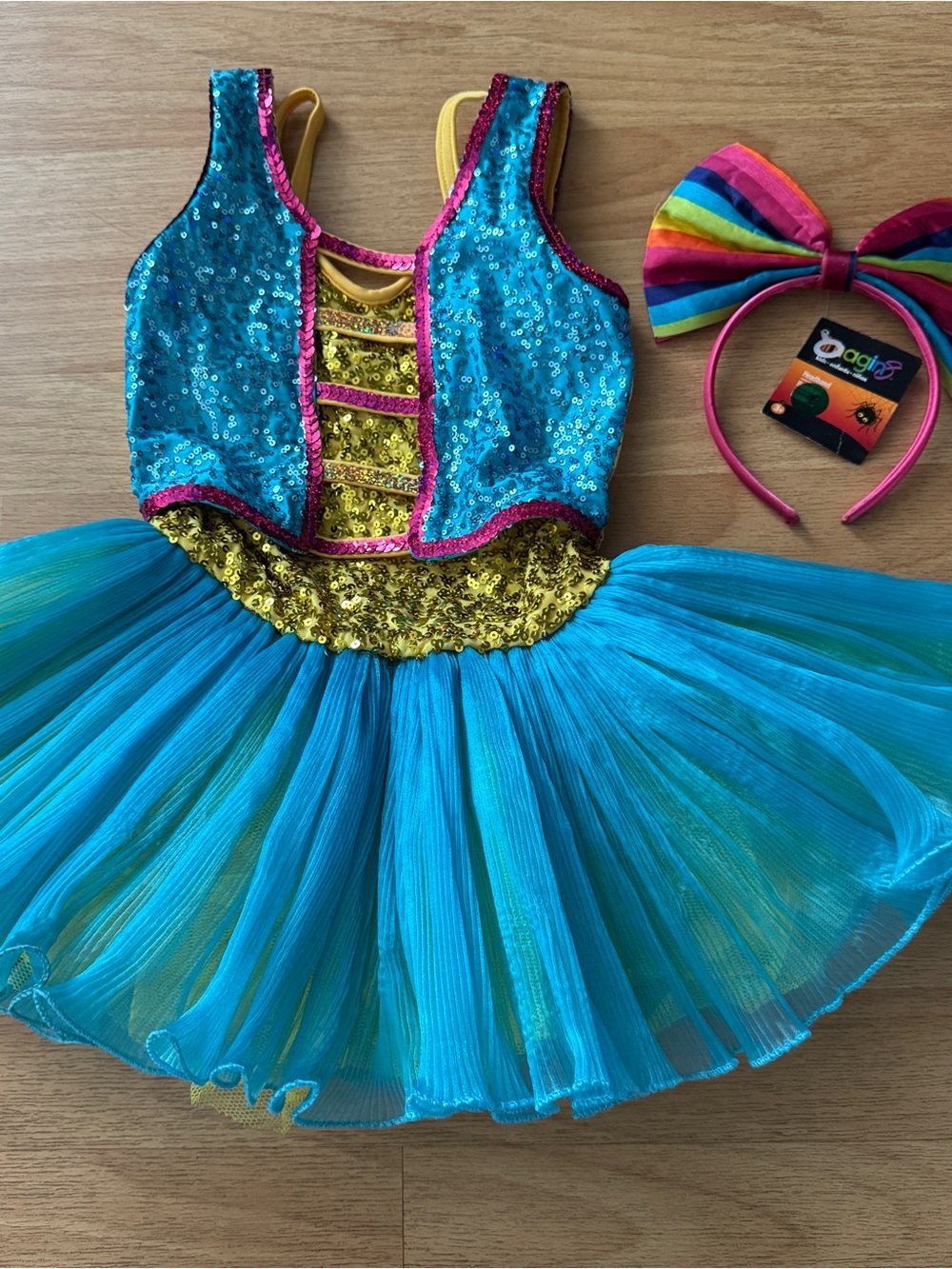 Glamour Turquoise & Gold Sequin Tutu with Rainbow Bow Headband Vintage for 2y